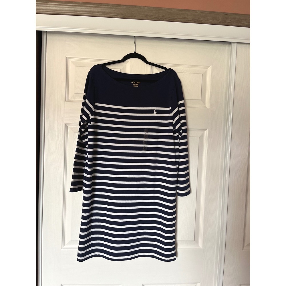 Polo Ralph Lauren Womens Navy Blue White Striped Boat Neck T-Shirt Dress‎ Size L